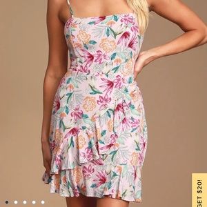 Lulus Pink Tropical Print Ruffled Mini Dress